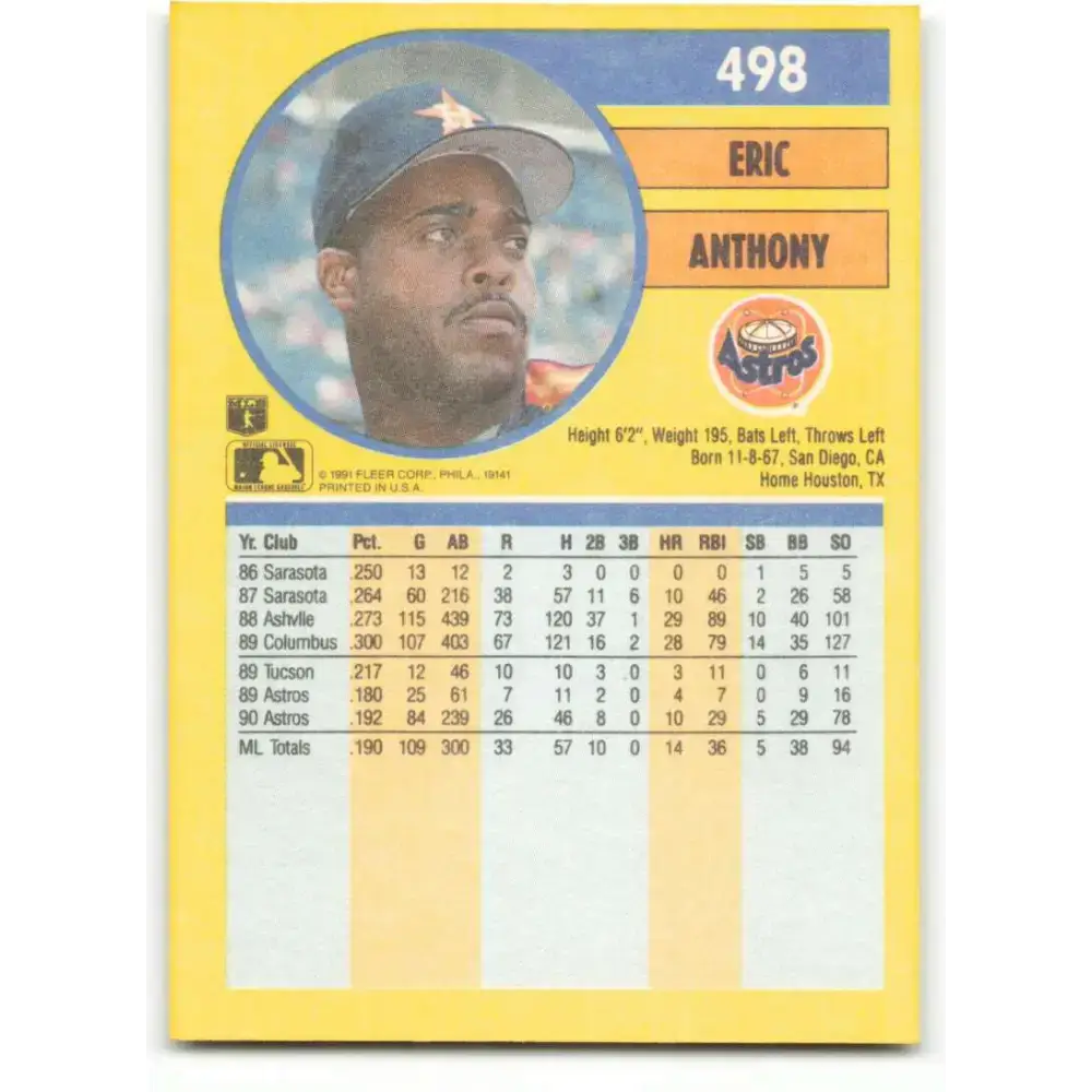 1991 Fleer #498 Eric Anthony NM-MT Houston Astros Baseball Card - Baseball Card Single