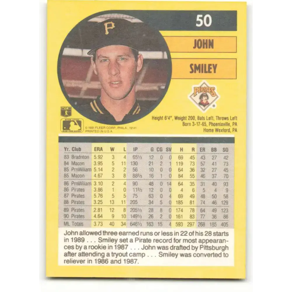 1991 Fleer #50 John Smiley NM-MT Pittsburgh Pirates Baseball Card - Baseball Card Single