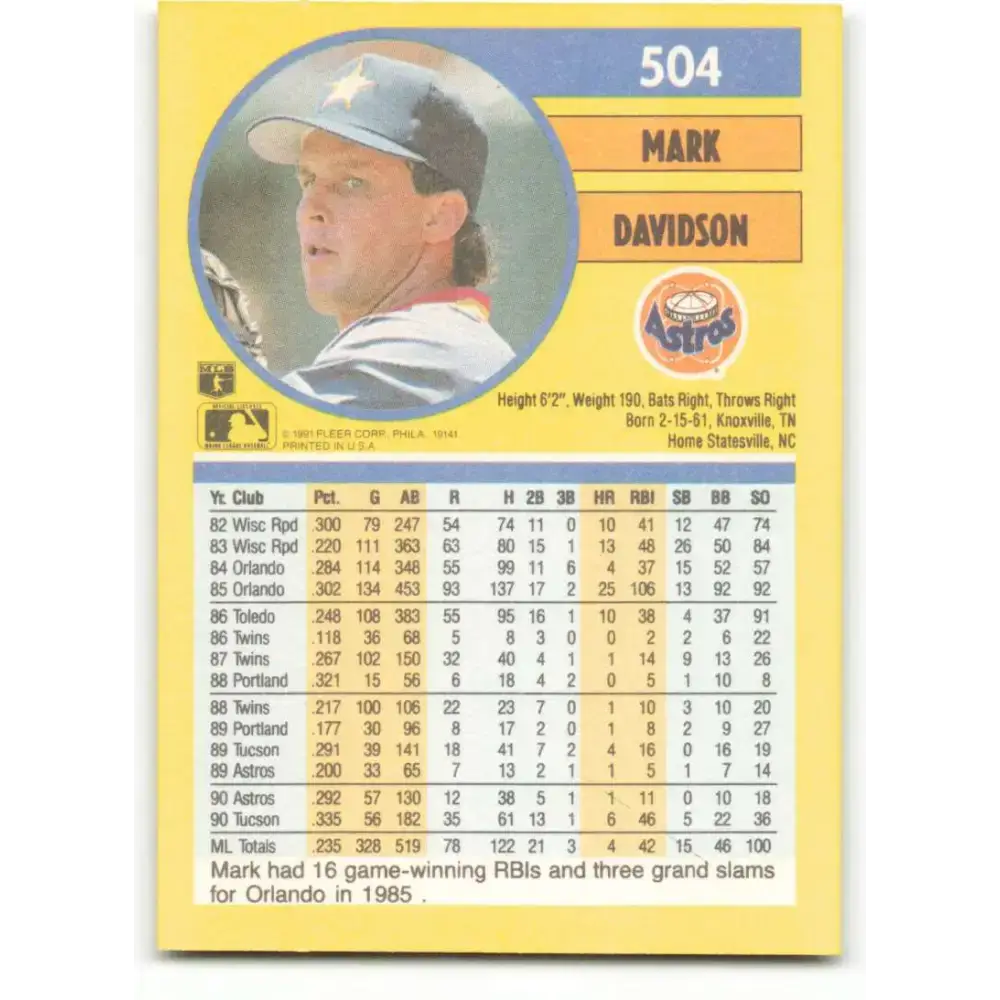 1991 Fleer #504 Mark Davidson NM-MT Houston Astros Baseball Card - Baseball Card Single