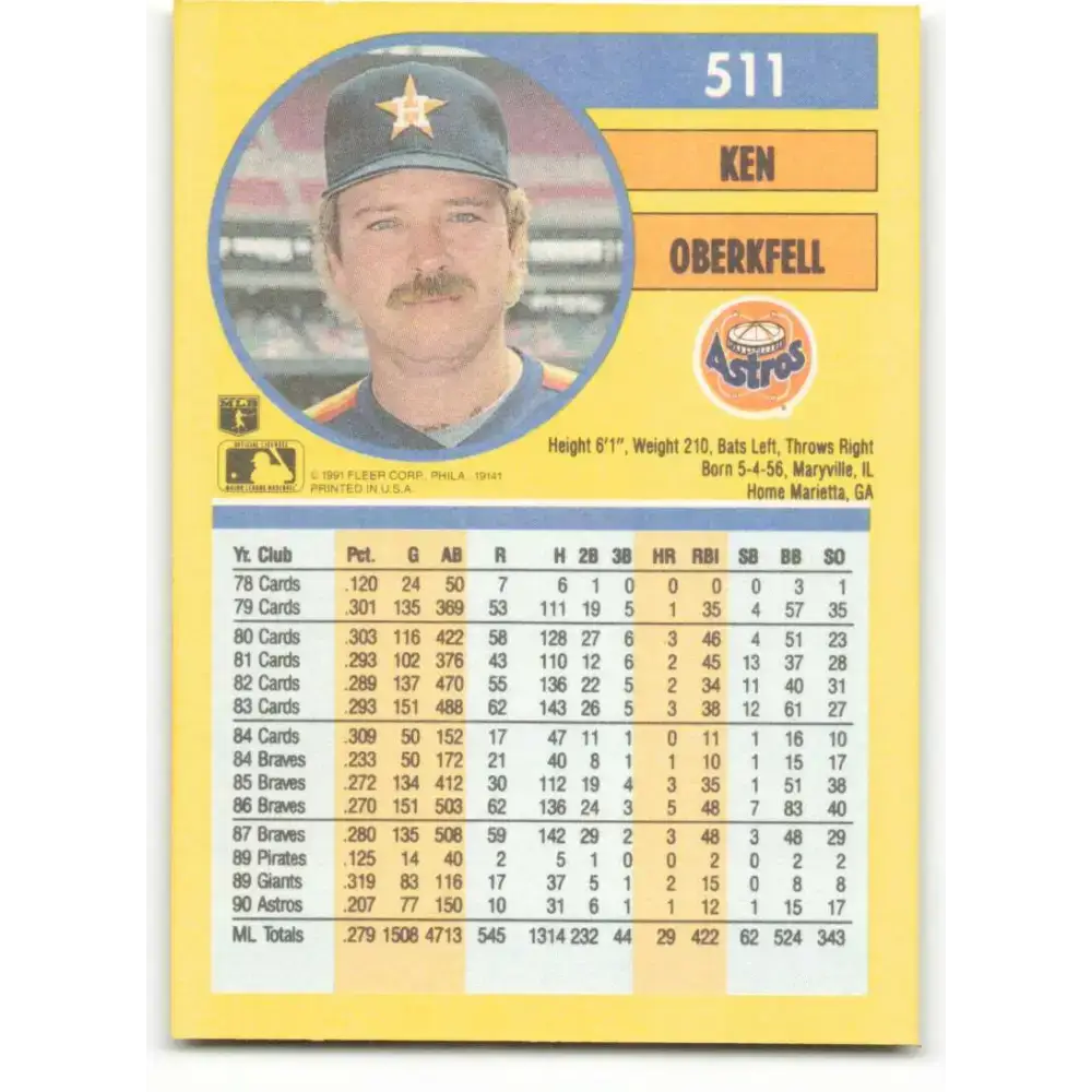 1991 Fleer #511 Ken Oberkfell NM-MT Houston Astros Baseball Card - Baseball Card Single