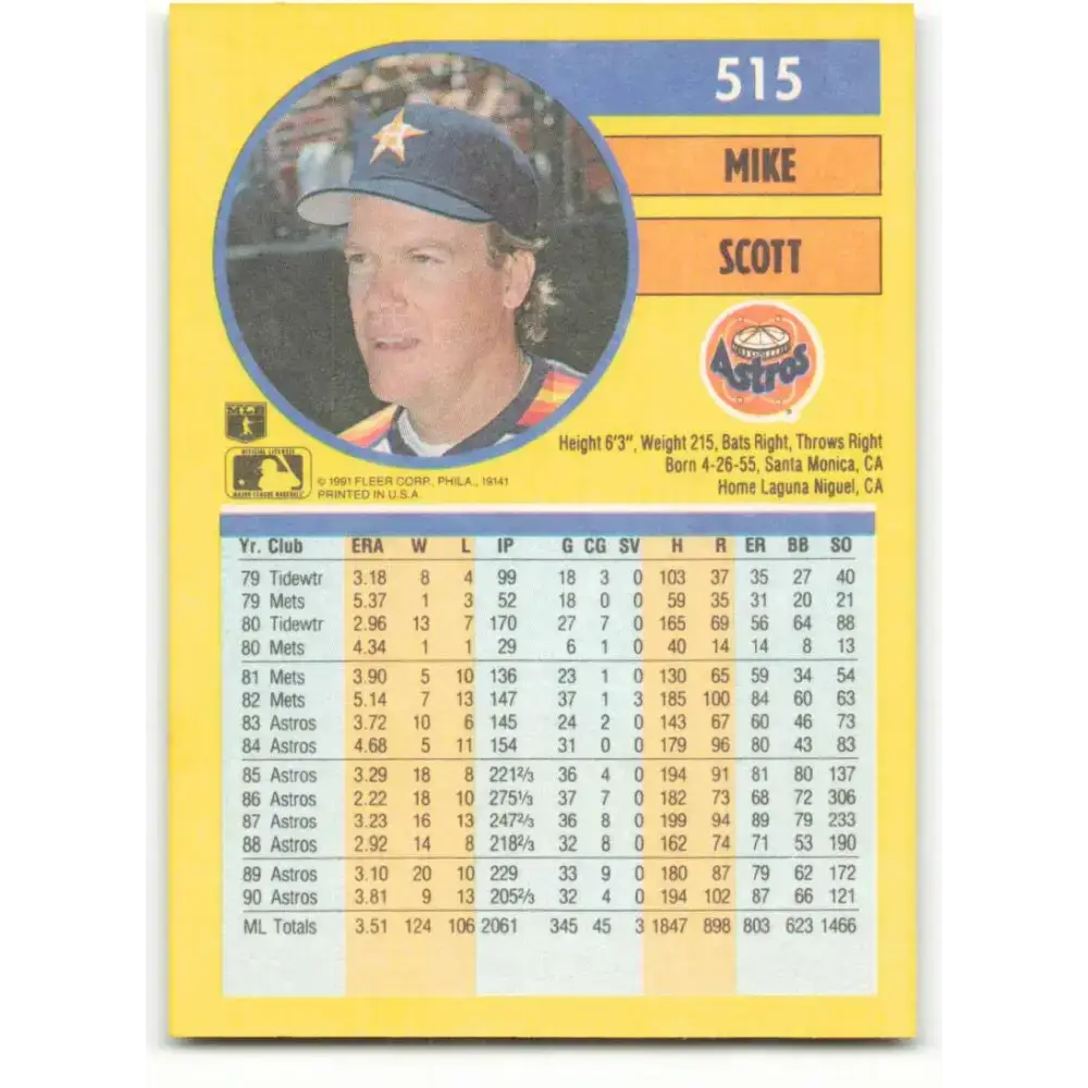 1991 Fleer #515 Mike Scott NM-MT Houston Astros Baseball Card - Baseball Card Single