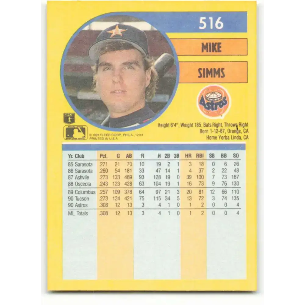 1991 Fleer #516 Mike Simms NM-MT RC Rookie Houston Astros Baseball Card - Baseball Card Single