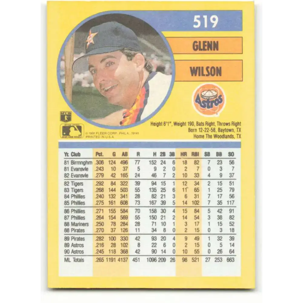 1991 Fleer #519 Glenn Wilson NM-MT Houston Astros Baseball Card - Baseball Card Single
