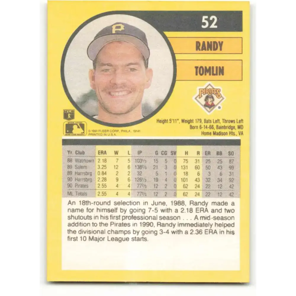 1991 Fleer #52 Randy Tomlin NM-MT RC Rookie Pittsburgh Pirates Baseball Card - Baseball Card Single