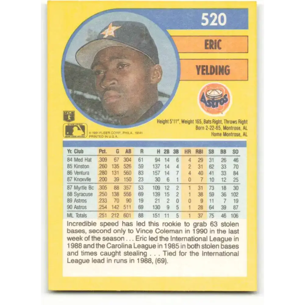 1991 Fleer #520 Eric Yelding NM-MT Houston Astros Baseball Card - Baseball Card Single