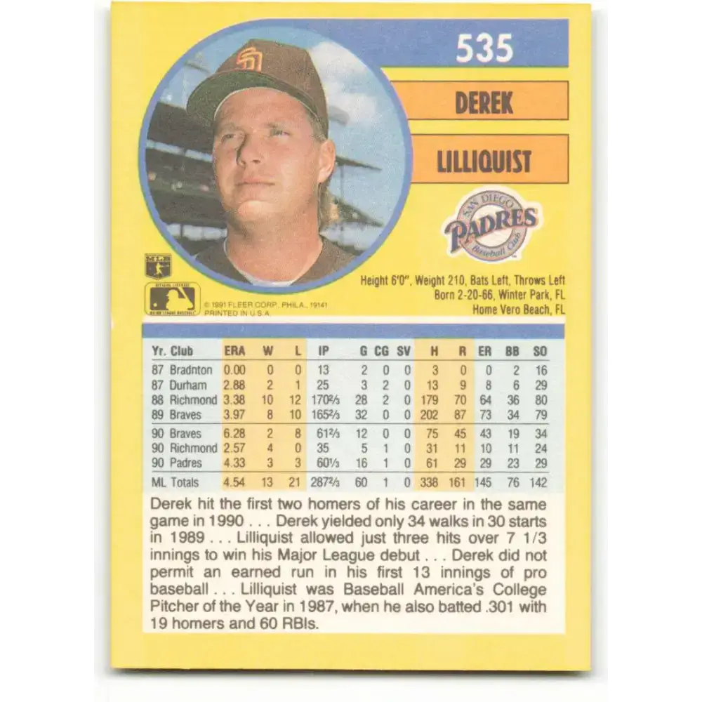 1991 Fleer #535 Derek Lilliquist NM-MT San Diego Padres Baseball Card - Baseball Card Single