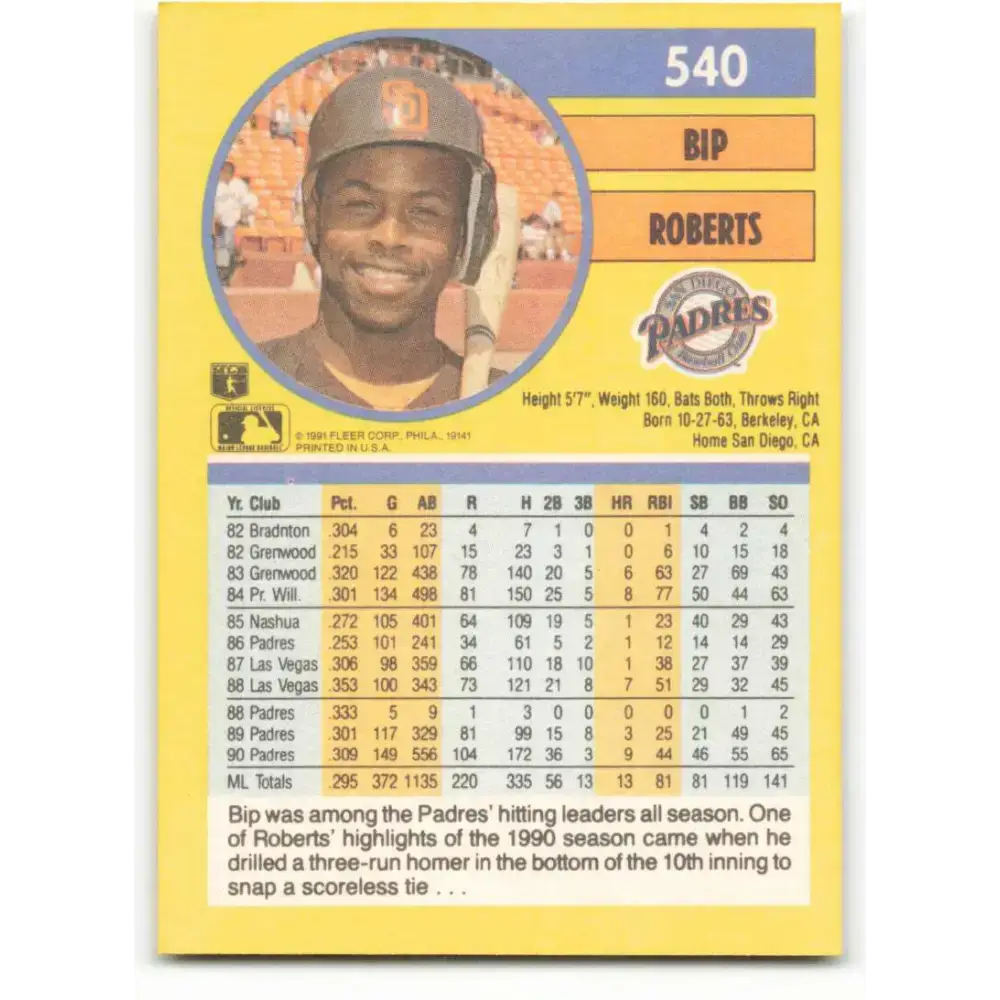 1991 Fleer #540 Bip Roberts NM-MT San Diego Padres Baseball Card - Baseball Card Single