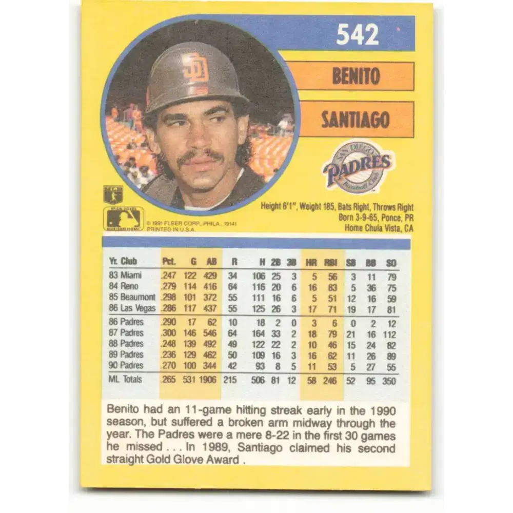 1991 Fleer #542 Benito Santiago NM-MT San Diego Padres Baseball Card - Baseball Card Single
