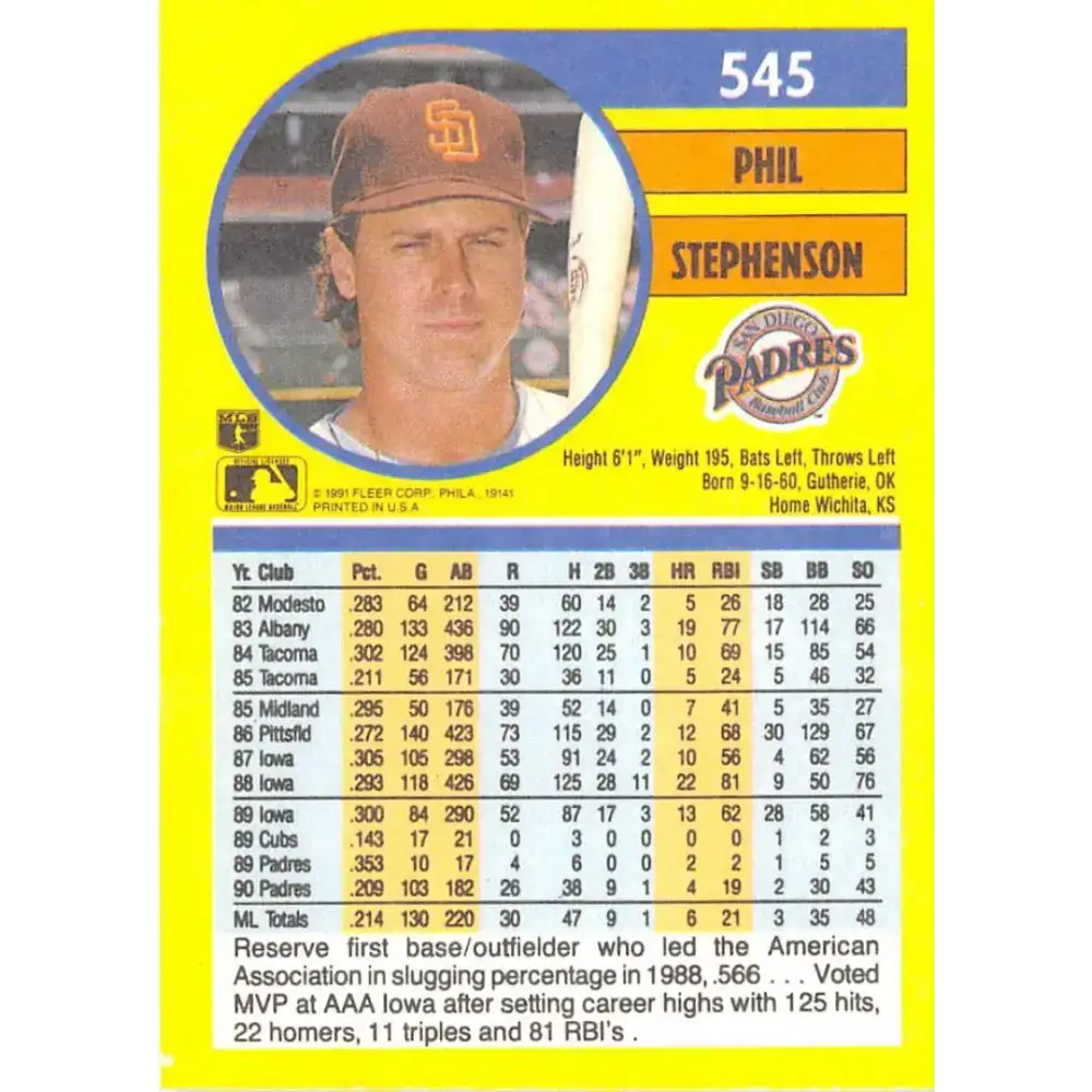 1991 Fleer #545 Phil Stephenson NM-MT San Diego Padres Baseball Card - Baseball Card Single