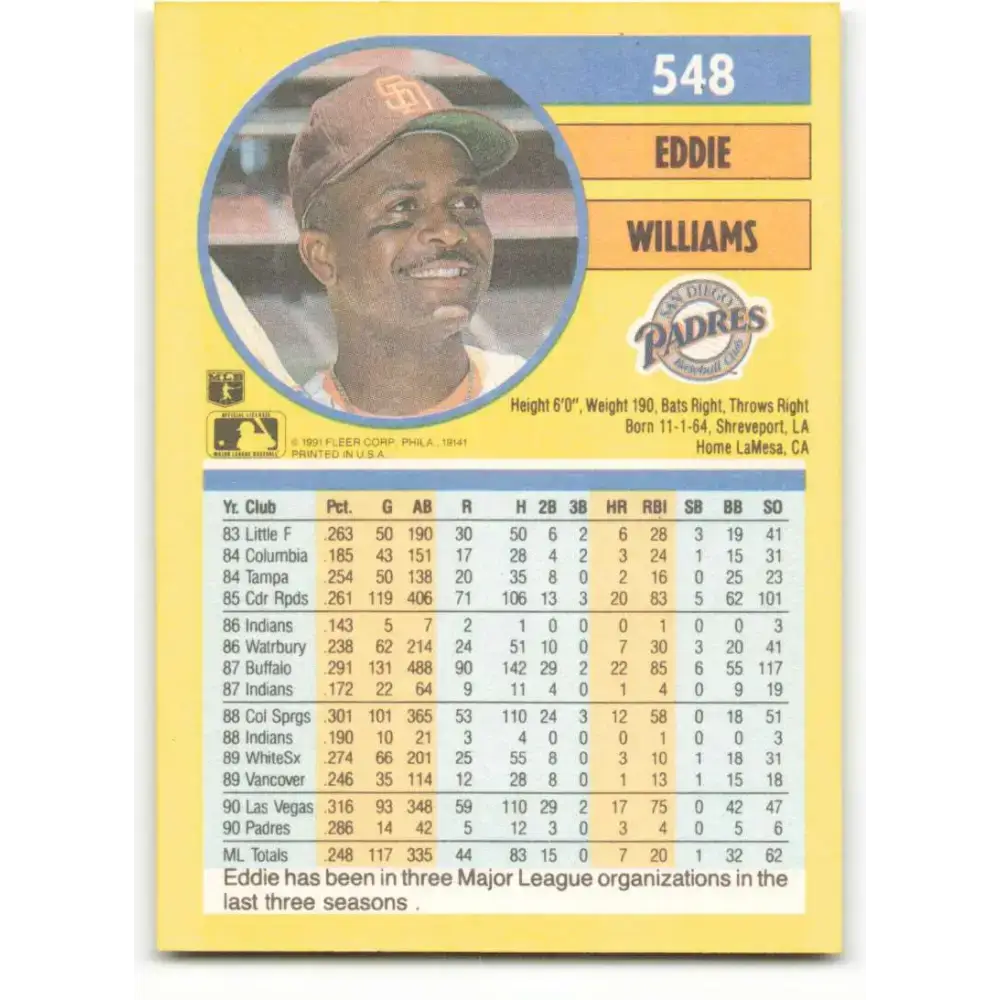 1991 Fleer #548 Eddie Williams NM-MT San Diego Padres Baseball Card - Baseball Card Single
