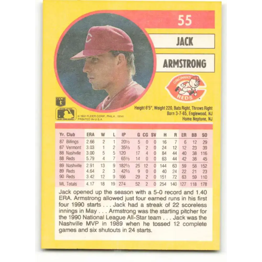 1991 Fleer #55 Jack Armstrong NM-MT Cincinnati Reds Baseball Card - Baseball Card Single