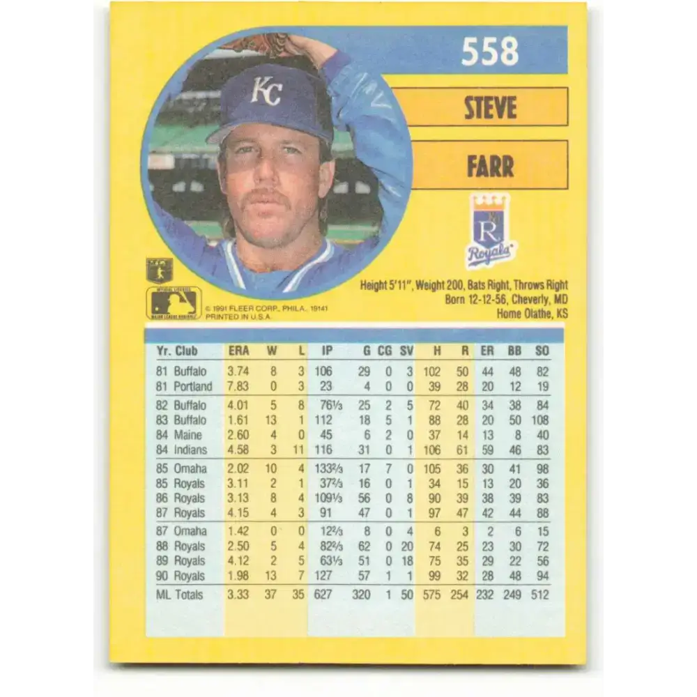1991 Fleer #558 Steve Farr NM-MT Kansas City Royals Baseball Card - Baseball Card Single