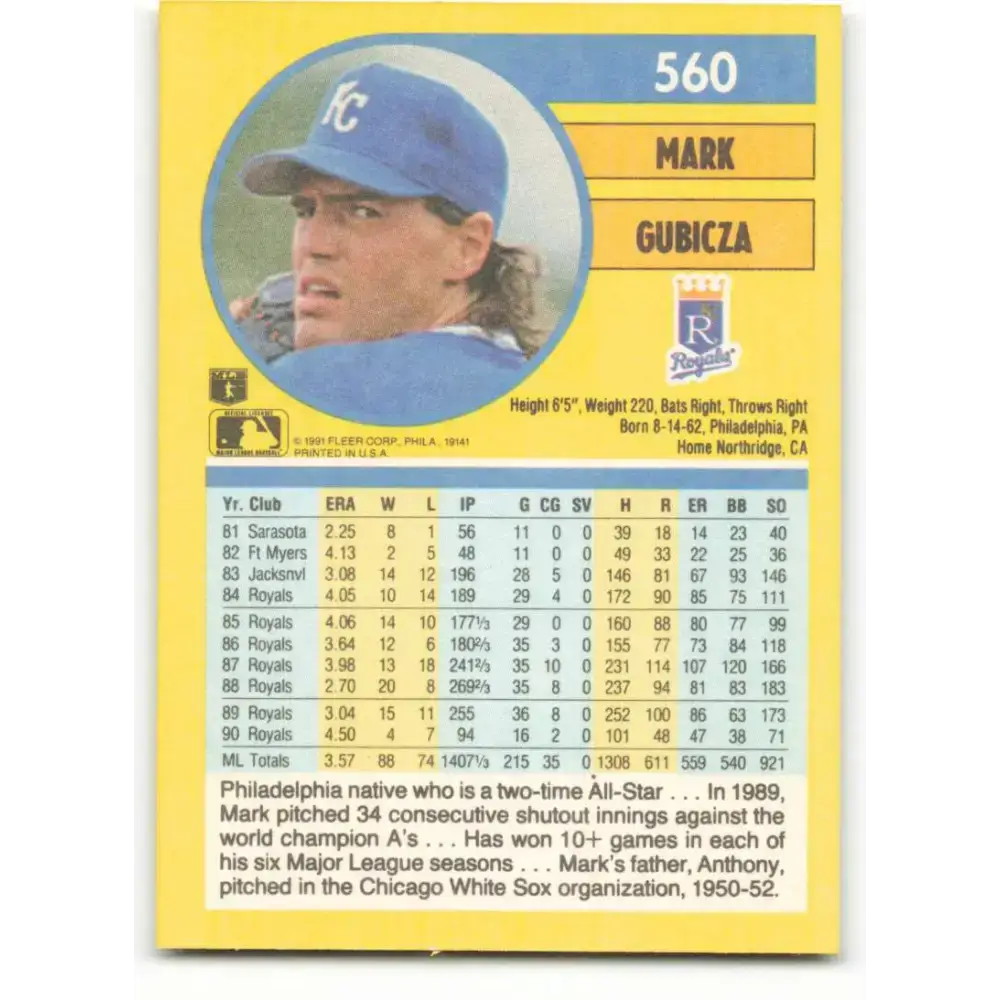 1991 Fleer #560 Mark Gubicza NM-MT Kansas City Royals Baseball Card - Baseball Card Single