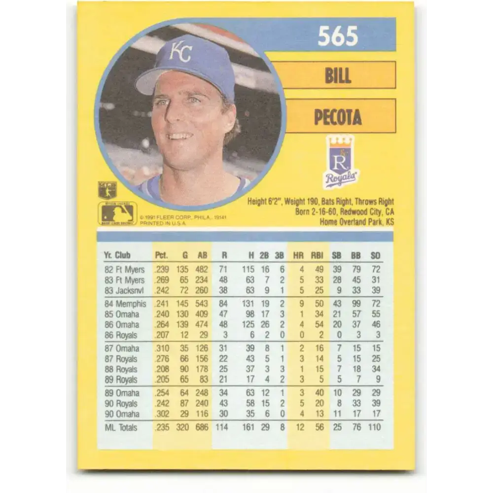 1991 Fleer #565 Bill Pecota NM-MT Kansas City Royals Baseball Card - Baseball Card Single
