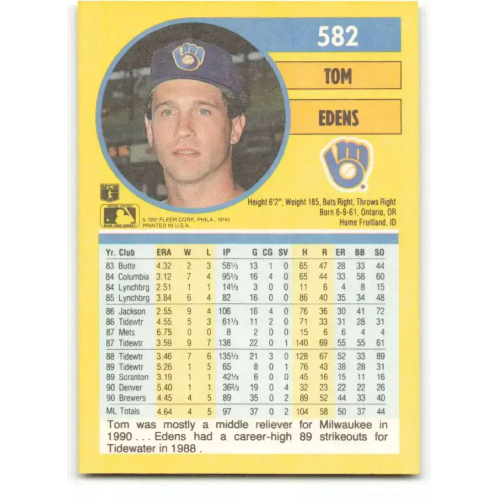 1991 Fleer #582 Tom Edens NM-MT RC Rookie Milwaukee Brewers Baseball Card - Baseball Card Single