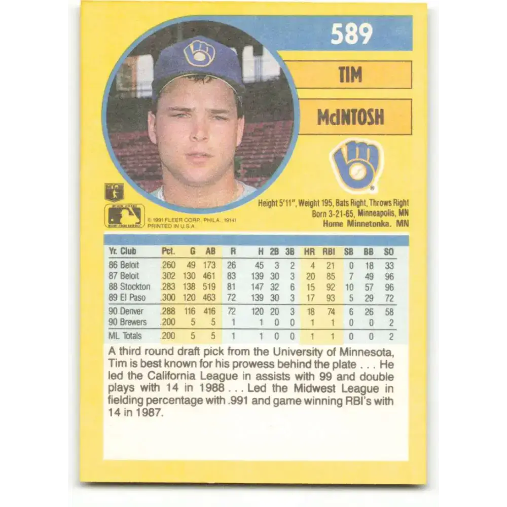 1991 Fleer #589 Tim McIntosh NM-MT Milwaukee Brewers Baseball Card - Baseball Card Single