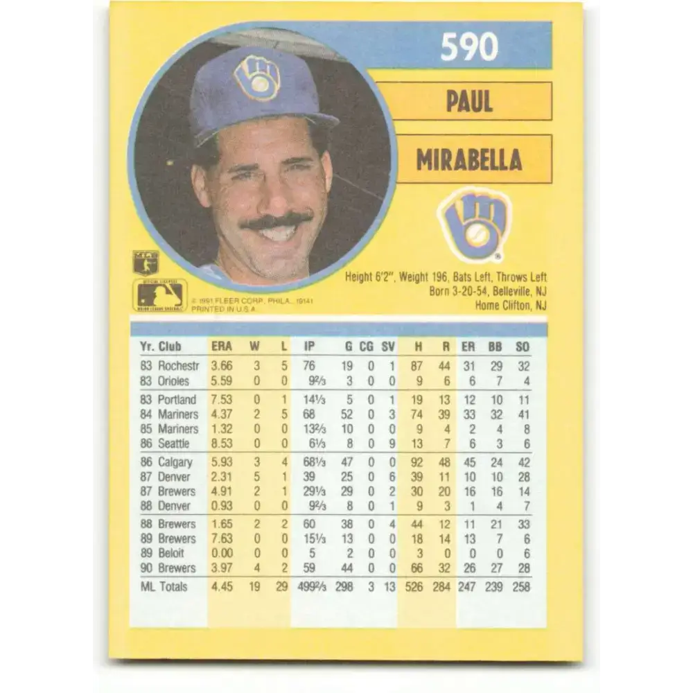 1991 Fleer #590 Paul Mirabella NM-MT Milwaukee Brewers Baseball Card - Baseball Card Single