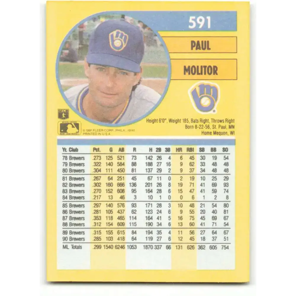 1991 Fleer #591 Paul Molitor NM-MT Milwaukee Brewers Baseball Card