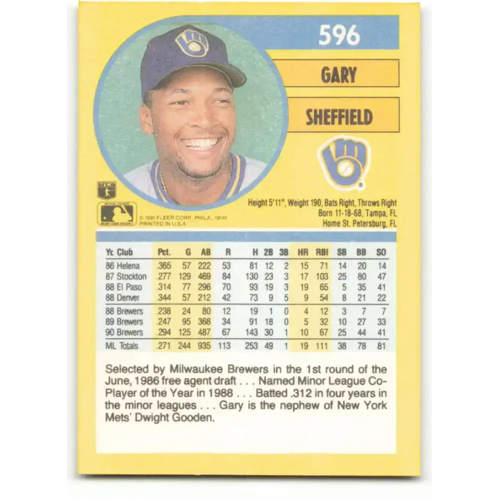 1991 Fleer #596 Gary Sheffield NM-MT Milwaukee Brewers Baseball Card - Baseball Card Single