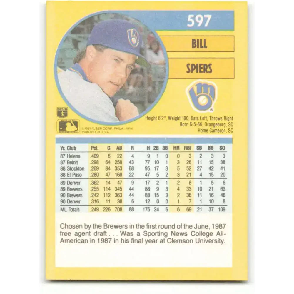 1991 Fleer #597 Bill Spiers NM-MT Milwaukee Brewers Baseball Card - Baseball Card Single