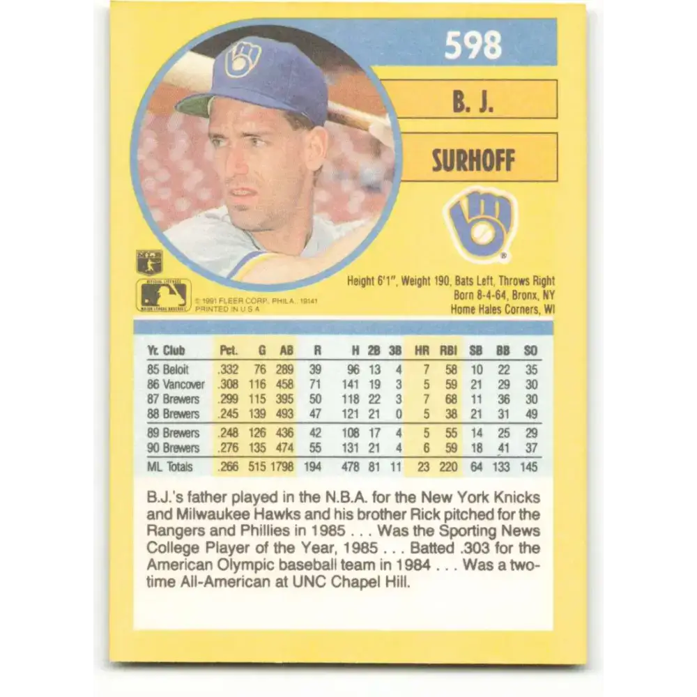 1991 Fleer #598 B.J. Surhoff NM-MT Milwaukee Brewers Baseball Card - Baseball Card Single
