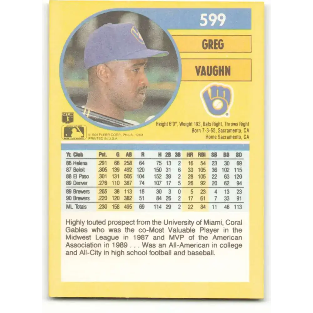 1991 Fleer #599 Greg Vaughn NM-MT Milwaukee Brewers Baseball Card - Baseball Card Single