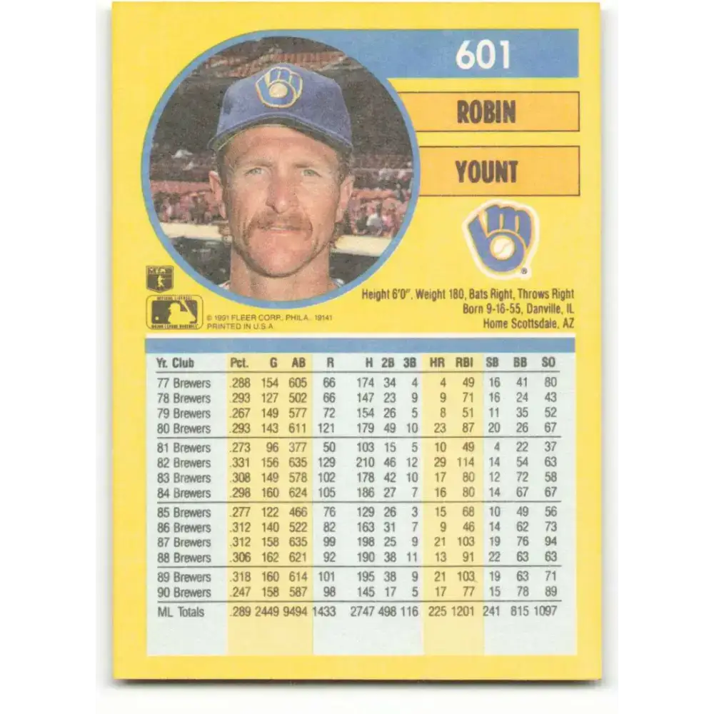 1991 Fleer #601 Robin Yount NM-MT Milwaukee Brewers Baseball Card - Baseball Card Single