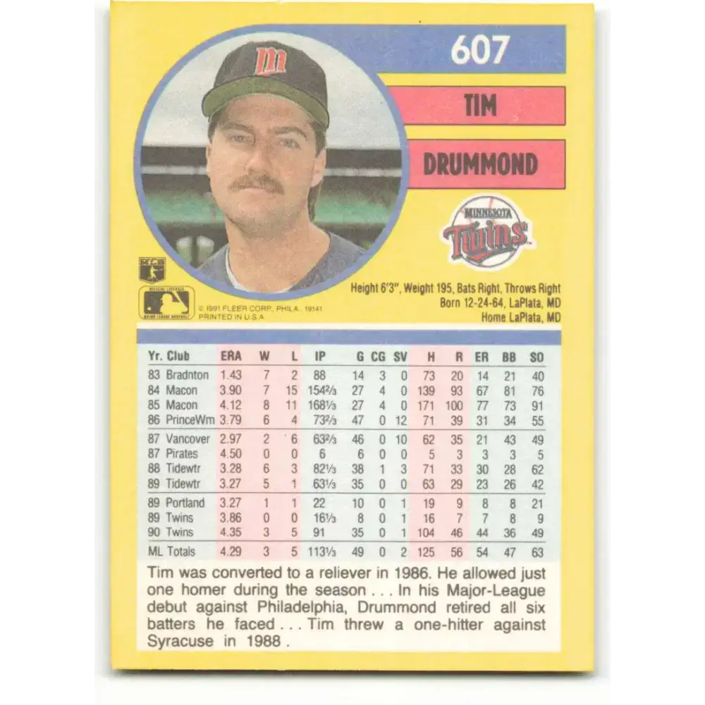 1991 Fleer #607 Tim Drummond NM-MT Minnesota Twins Baseball Card - Baseball Card Single