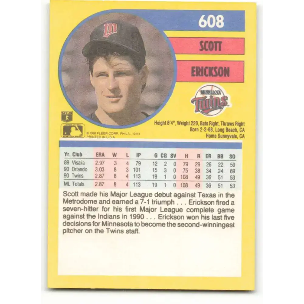 1991 Fleer #608 Scott Erickson NM-MT Minnesota Twins Baseball Card - Baseball Card Single