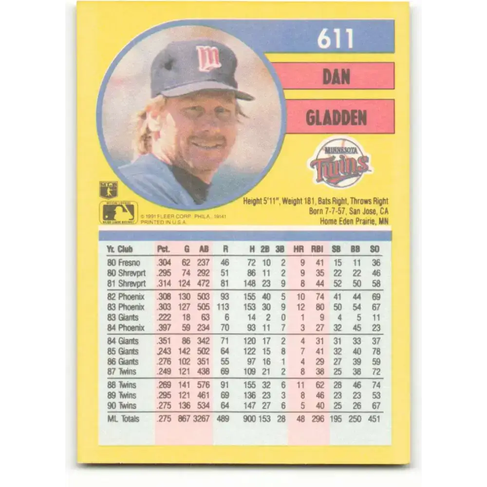 1991 Fleer #611 Dan Gladden NM-MT Minnesota Twins Baseball Card - Baseball Card Single