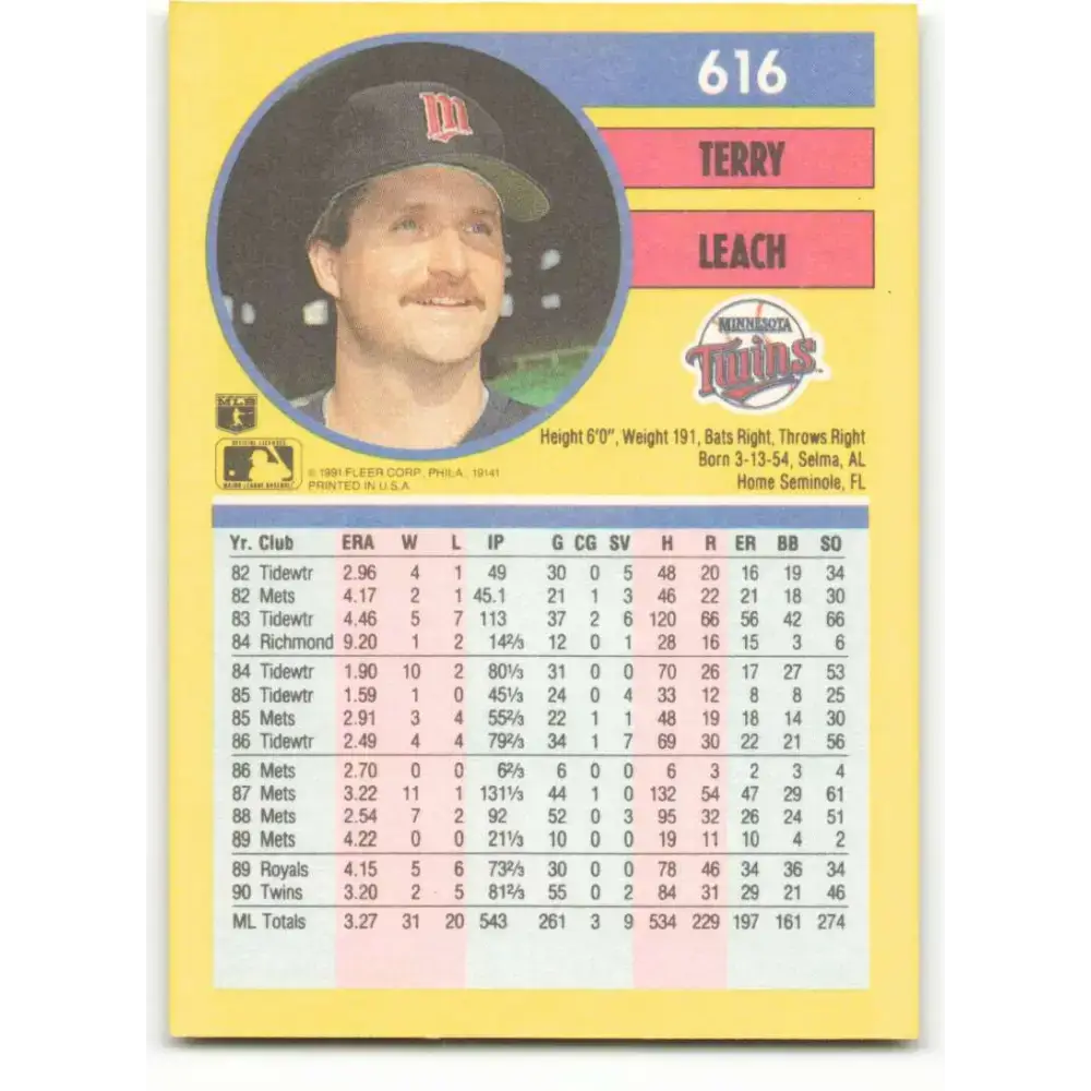 1991 Fleer #616 Terry Leach NM-MT Minnesota Twins Baseball Card - Baseball Card Single