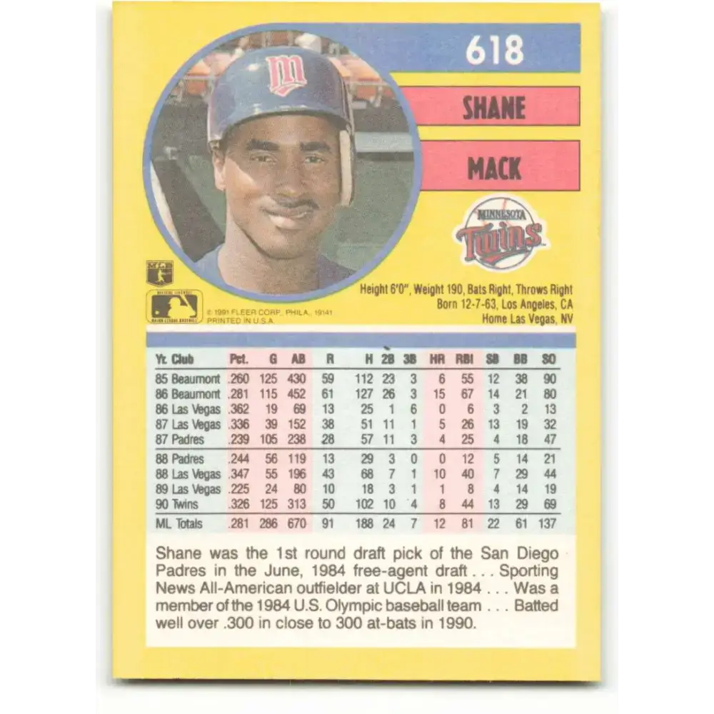 1991 Fleer #618 Shane Mack NM-MT Minnesota Twins Baseball Card - Baseball Card Single