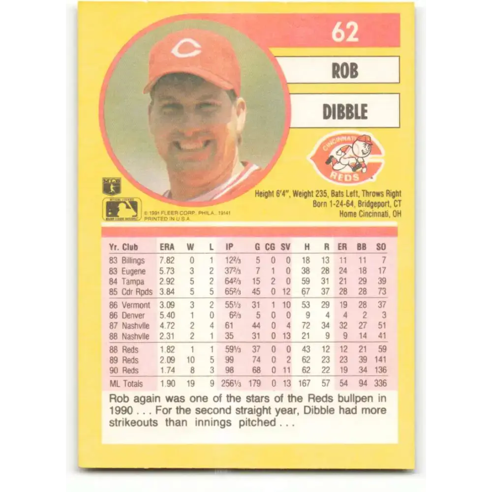 1991 Fleer #62 Rob Dibble NM-MT Cincinnati Reds Baseball Card - Baseball Card Single