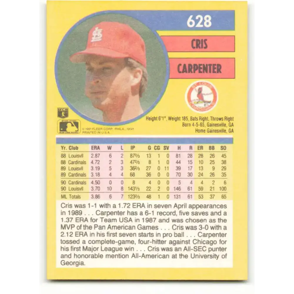 1991 Fleer #628 Cris Carpenter NM-MT St. Louis Cardinals Baseball Card - Baseball Card Single