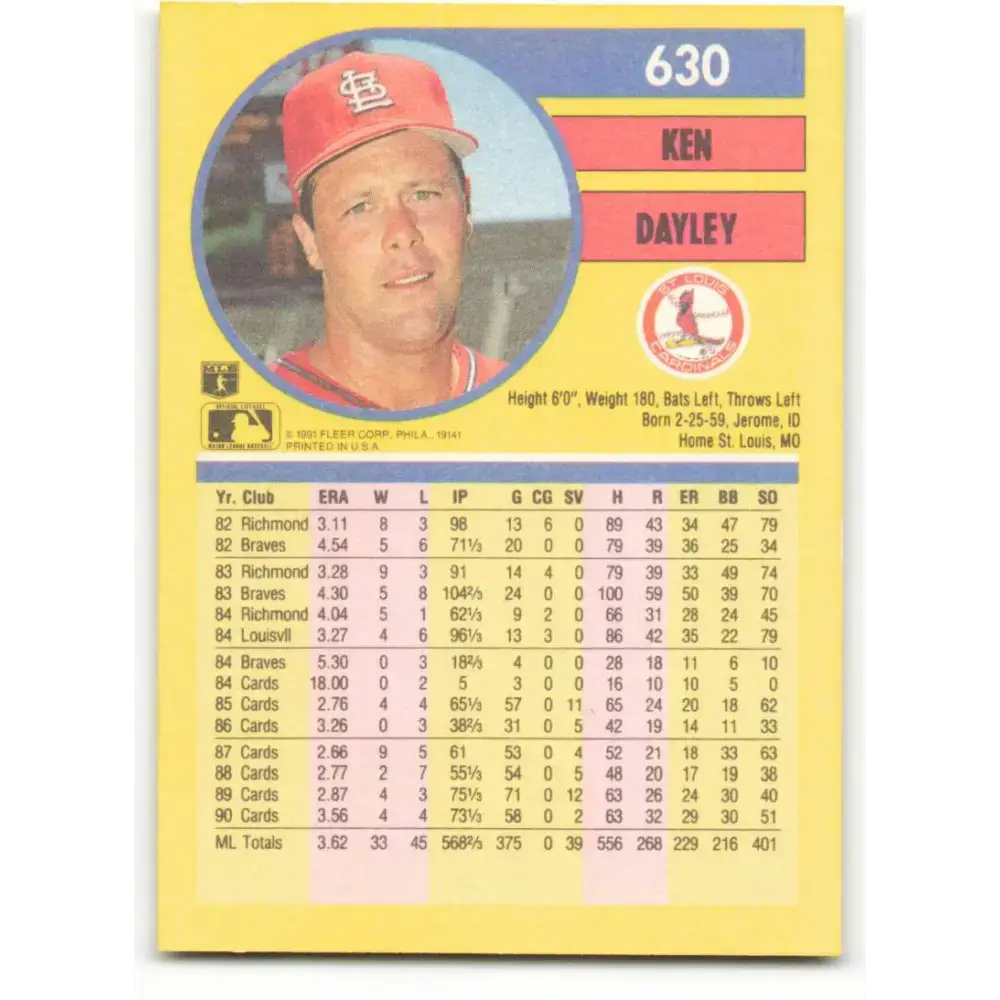1991 Fleer #630 Ken Dayley NM-MT St. Louis Cardinals Baseball Card - Baseball Card Single