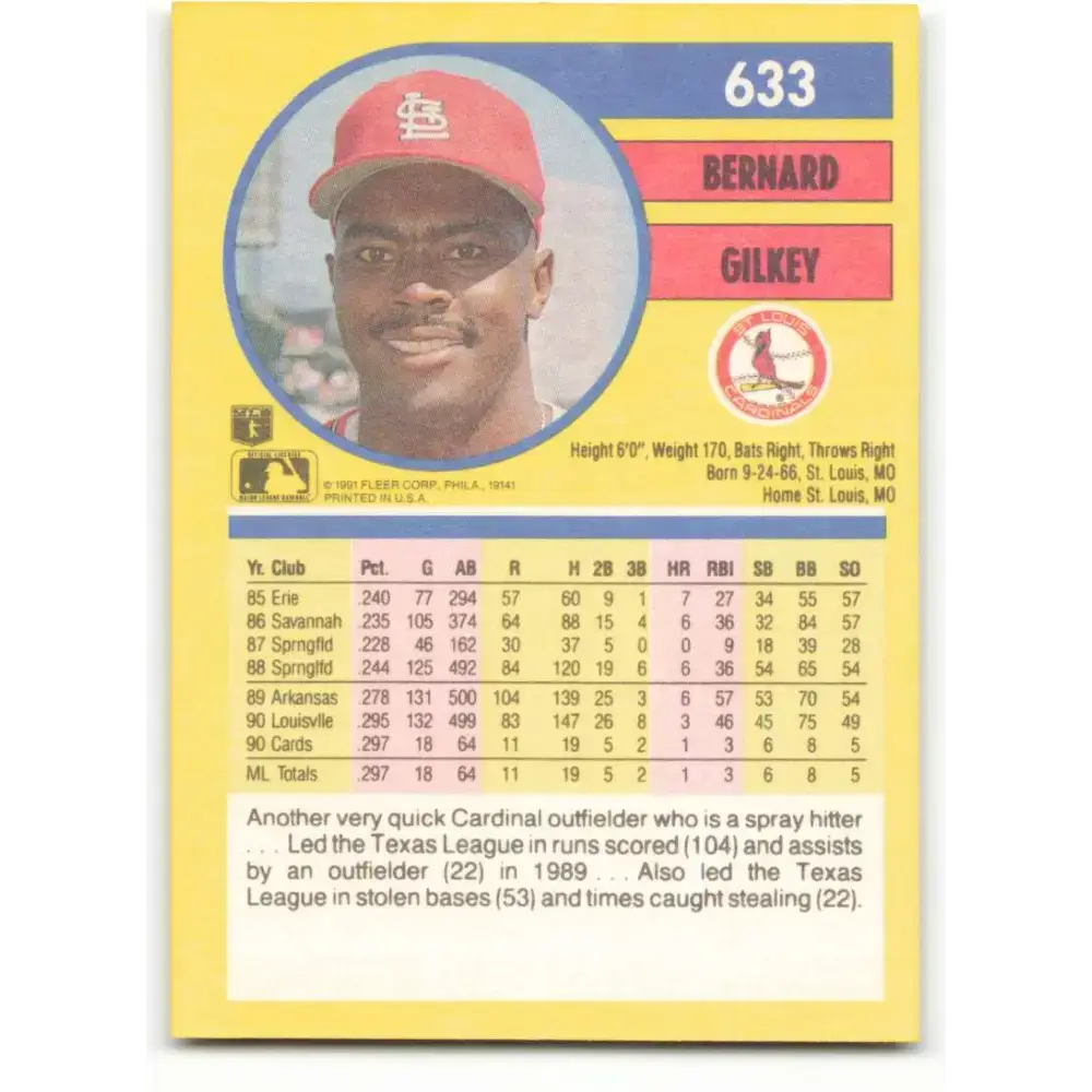 1991 Fleer #633 Bernard Gilkey NM-MT St. Louis Cardinals Baseball Card - Baseball Card Single