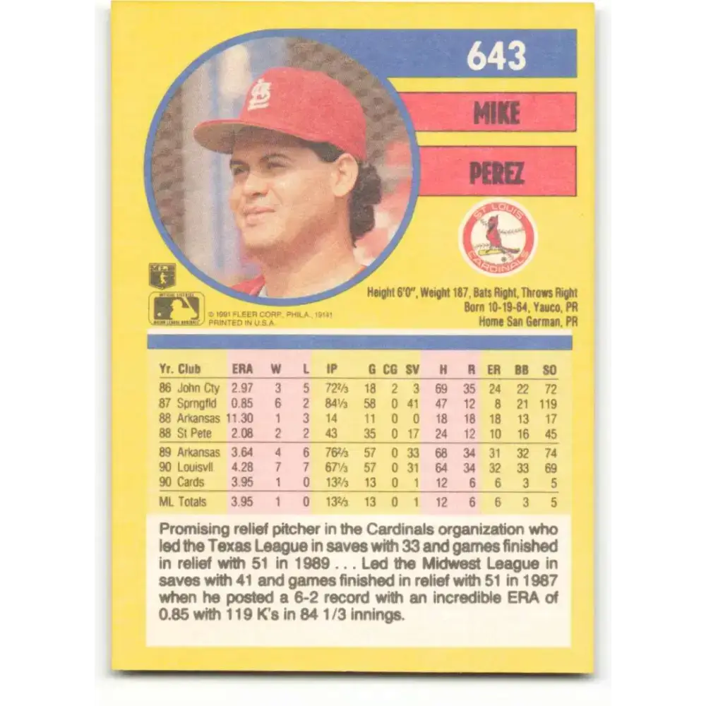 1991 Fleer #643 Mike Perez NM-MT RC Rookie St. Louis Cardinals Baseball Card - Baseball Card Single
