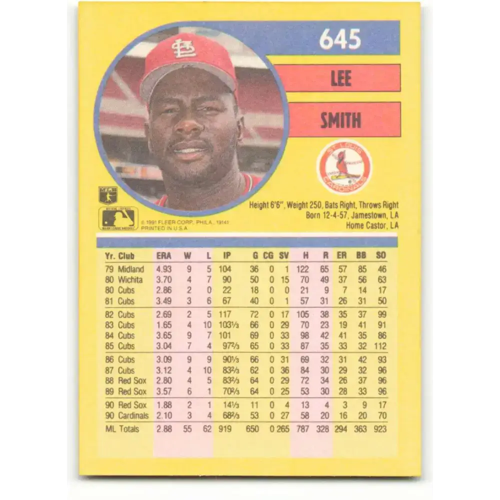 1991 Fleer #645 Lee Smith NM-MT St. Louis Cardinals Baseball Card - Baseball Card Single