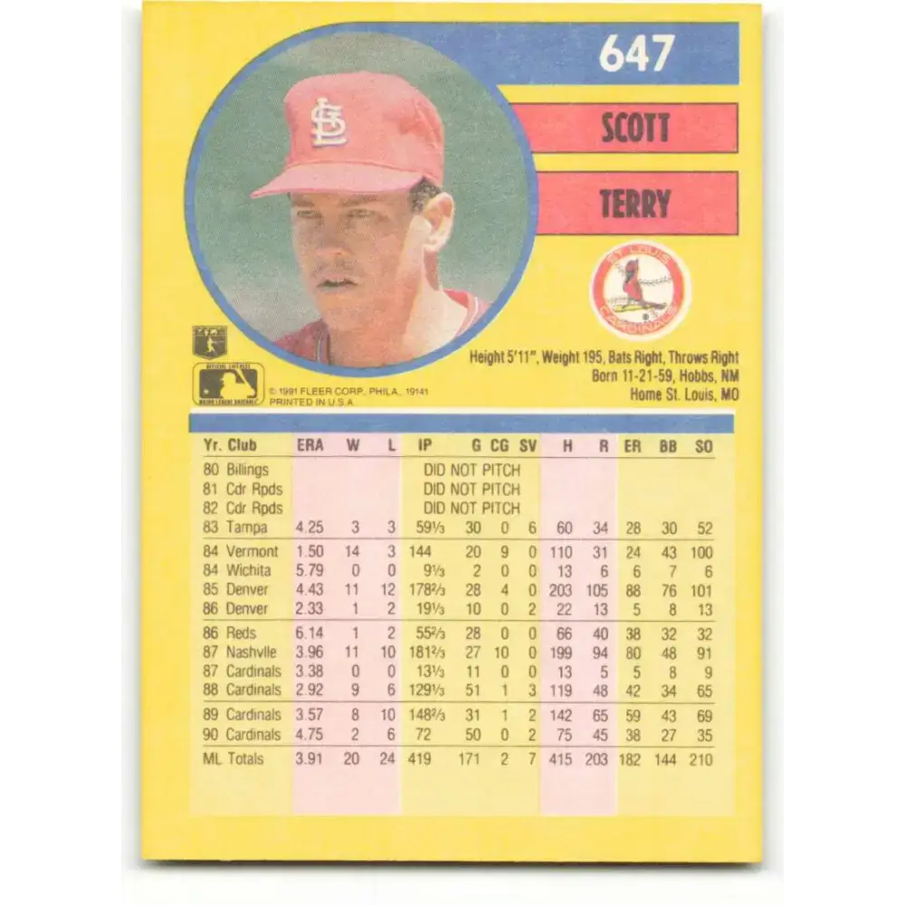 1991 Fleer #647 Scott Terry NM-MT St. Louis Cardinals Baseball Card - Baseball Card Single