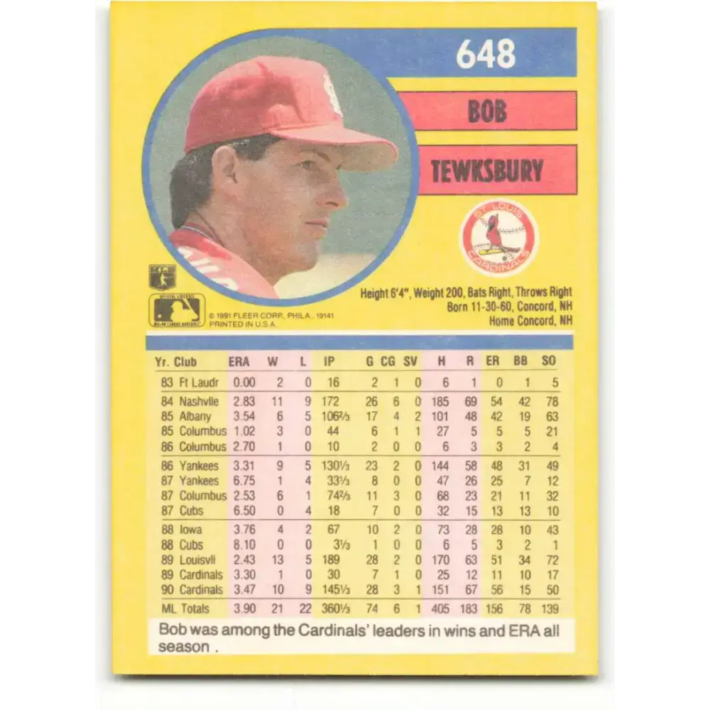 1991 Fleer #648 Bob Tewksbury NM-MT St. Louis Cardinals Baseball Card - Baseball Card Single