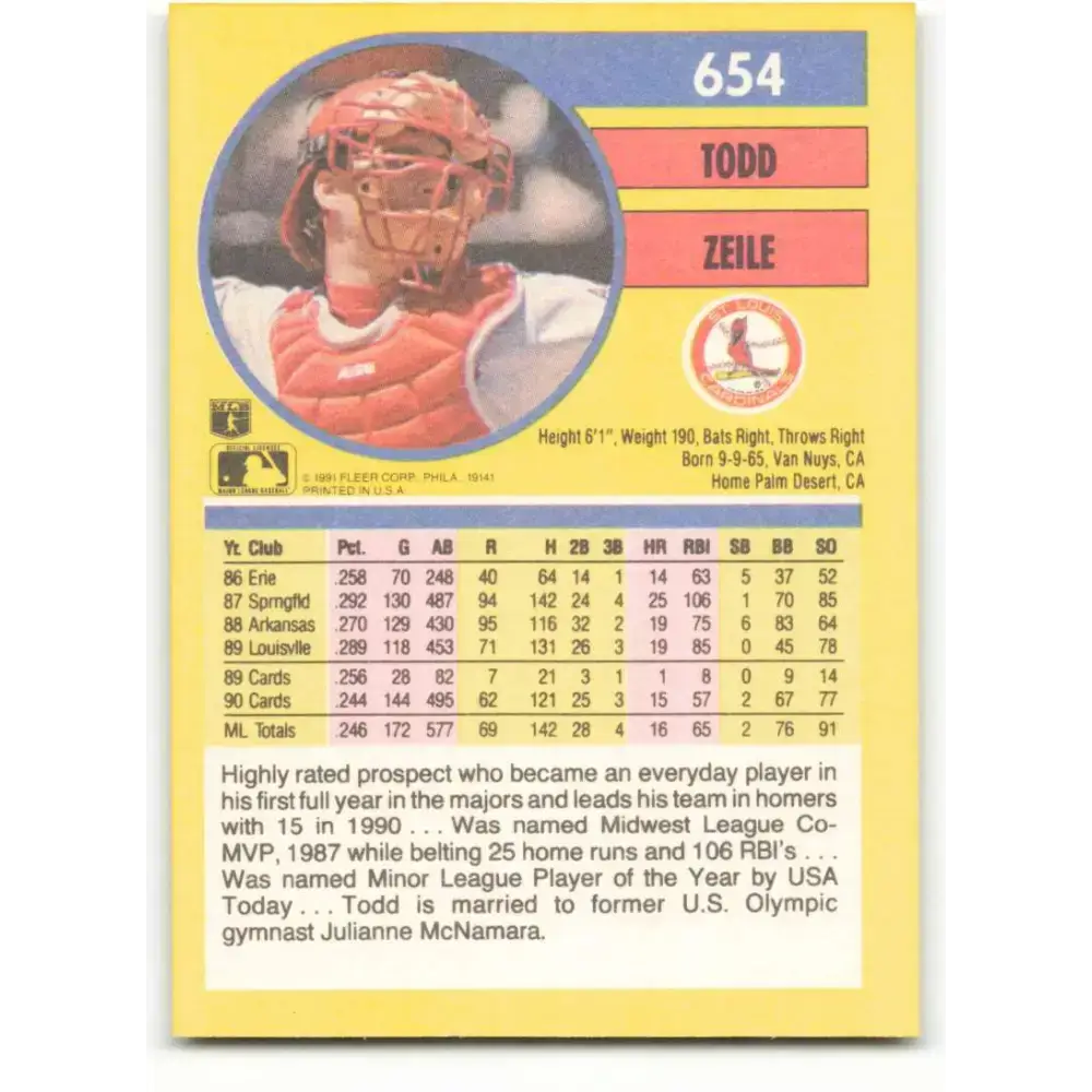1991 Fleer #654 Todd Zeile NM-MT St. Louis Cardinals Baseball Card - Baseball Card Single