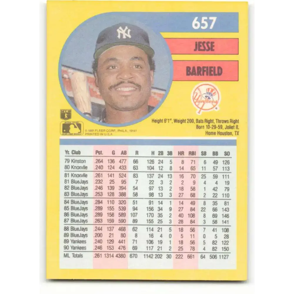 1991 Fleer #657 Jesse Barfield NM-MT New York Yankees Baseball Card - Baseball Card Single
