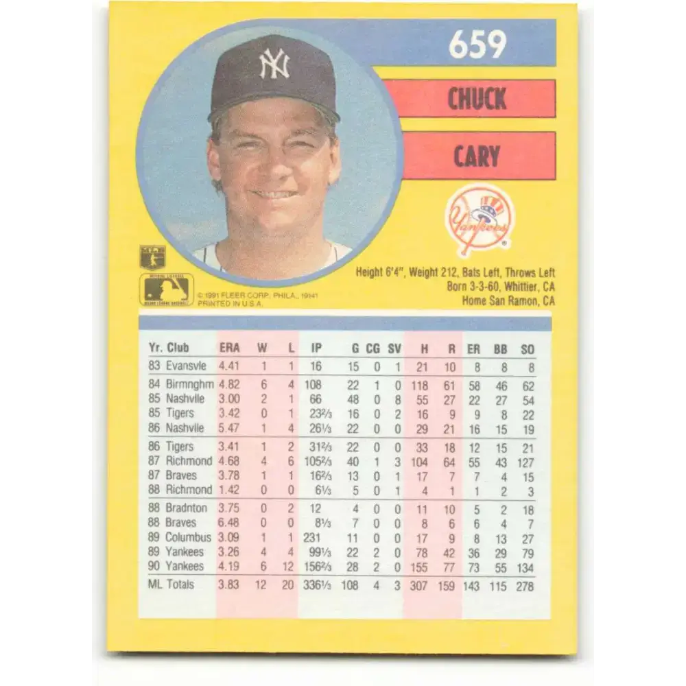 1991 Fleer #659 Chuck Cary NM-MT New York Yankees Baseball Card - Baseball Card Single