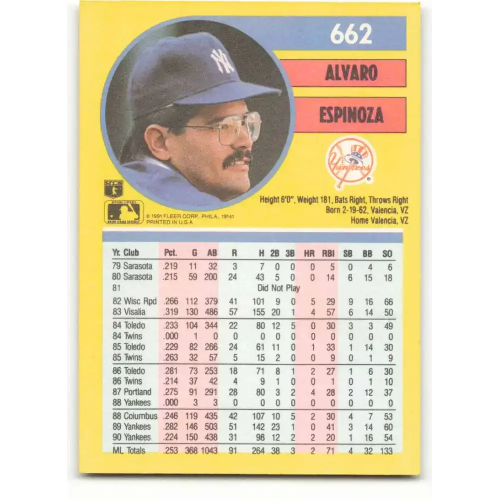 1991 Fleer #662 Alvaro Espinoza NM-MT New York Yankees Baseball Card