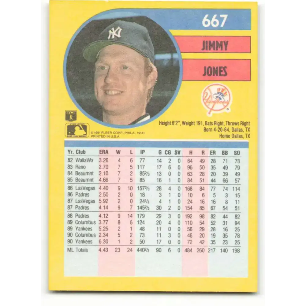 1991 Fleer #667 Jimmy Jones NM-MT New York Yankees Baseball Card - Baseball Card Single