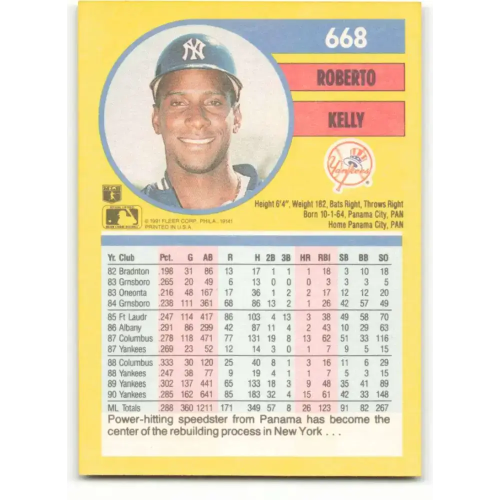 1991 Fleer #668 Roberto Kelly NM-MT New York Yankees Baseball Card - Baseball Card Single