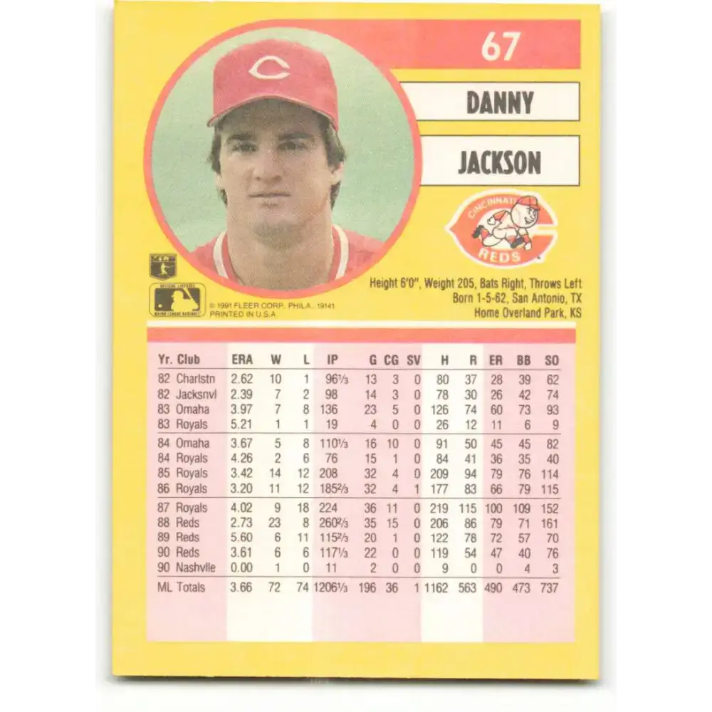 1991 Fleer #67 Danny Jackson NM-MT Cincinnati Reds Baseball Card - Baseball Card Single
