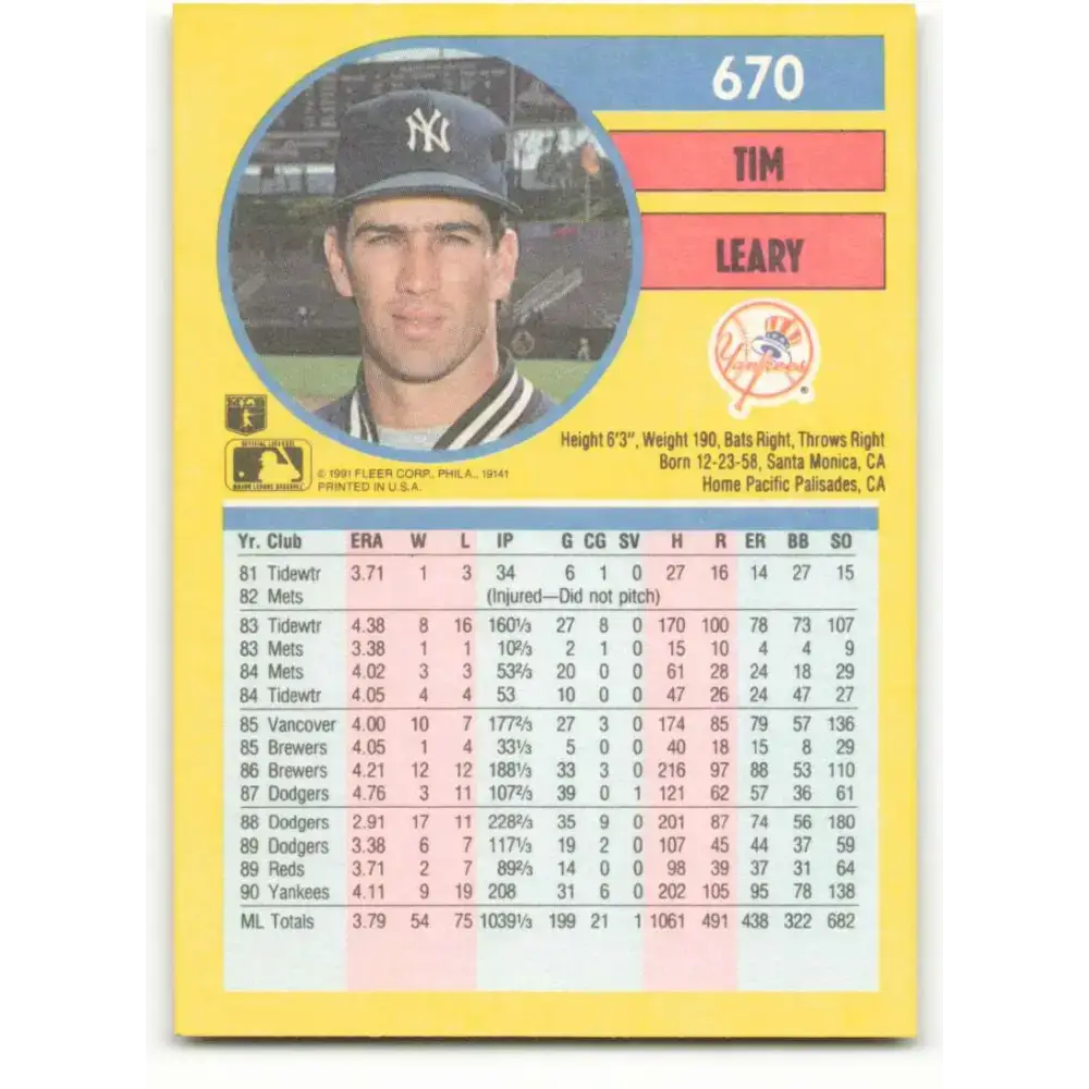 1991 Fleer #670 Tim Leary NM-MT New York Yankees Baseball Card - Baseball Card Single