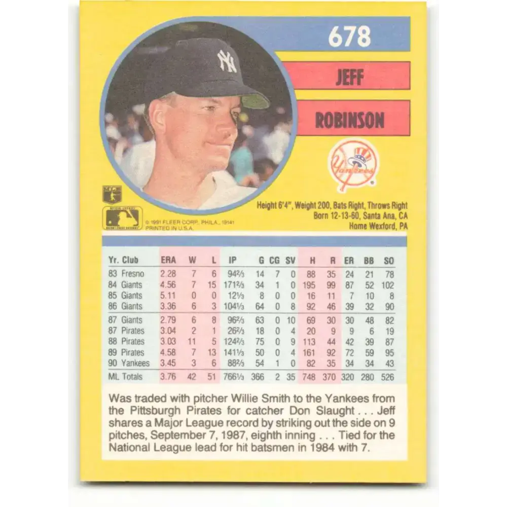 1991 Fleer #678 Jeff Robinson NM-MT New York Yankees Baseball Card