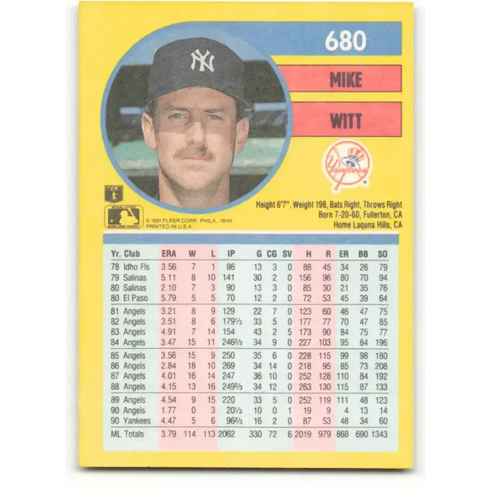 1991 Fleer #680 Mike Witt NM-MT New York Yankees Baseball Card - Baseball Card Single